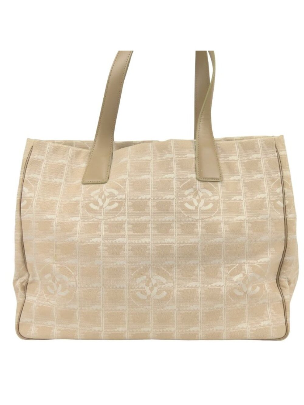 Chanel Tote New Travel Line MM Jacquard Nylon Leather Beige Silver Shoulder Bag